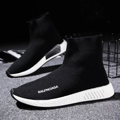 Men's lightweight fabric running shoes in black, white, and red with breathable mesh design