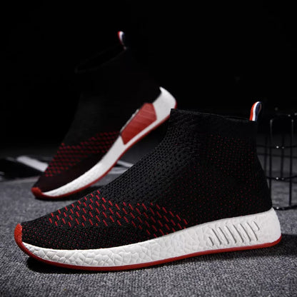 Men's lightweight fabric running shoes in black, white, and red with breathable mesh design