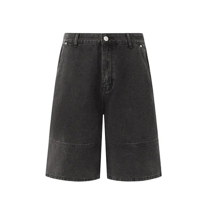 Men's grey loose fit denim shorts with mid waist and zip fly, cropped length, sizes M to 2XL