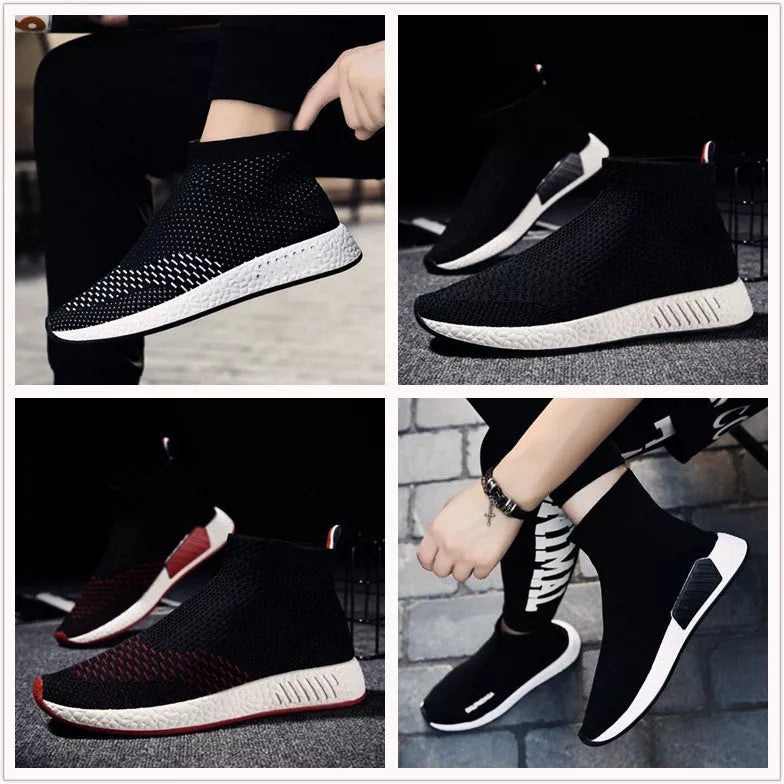 Men's lightweight fabric running shoes in black, white, and red with breathable mesh design