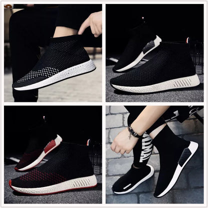 Men's lightweight fabric running shoes in black, white, and red with breathable mesh design