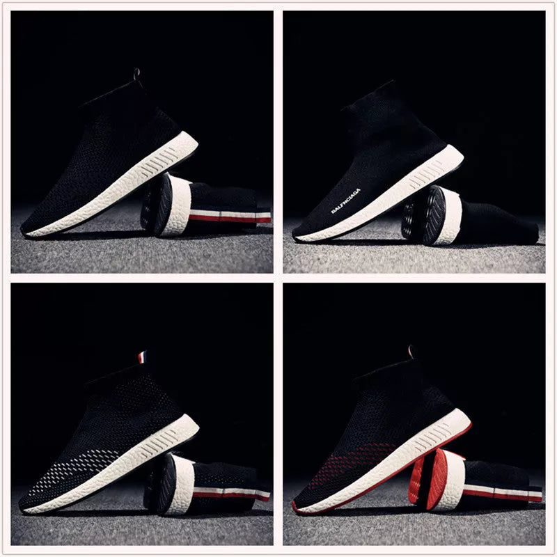 Men's lightweight fabric running shoes in black, white, and red with breathable mesh design