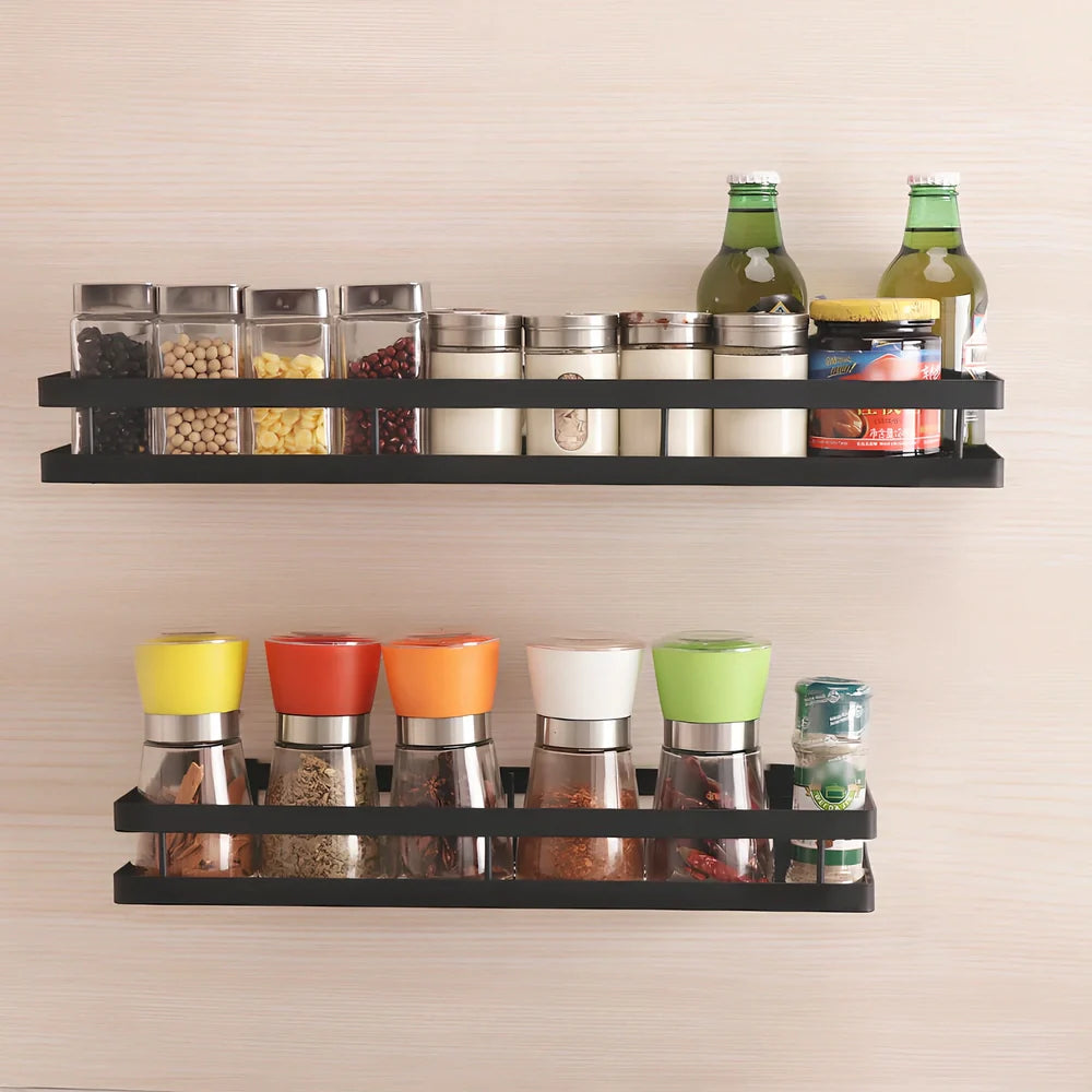 Metal kitchen wall storage shelf holding spice containers and pepper seasoning sprayers in six size options from 20cm to 50cm