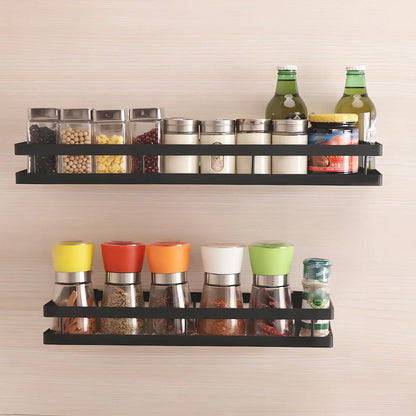 Metal kitchen wall storage shelf holding spice containers and pepper seasoning sprayers in six size options from 20cm to 50cm