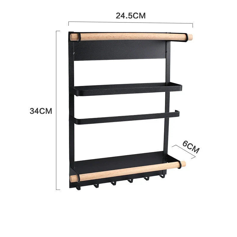 Magnetic Refrigerator Organizer with six hooks, wooden crossbar, and sleek matte metal finish