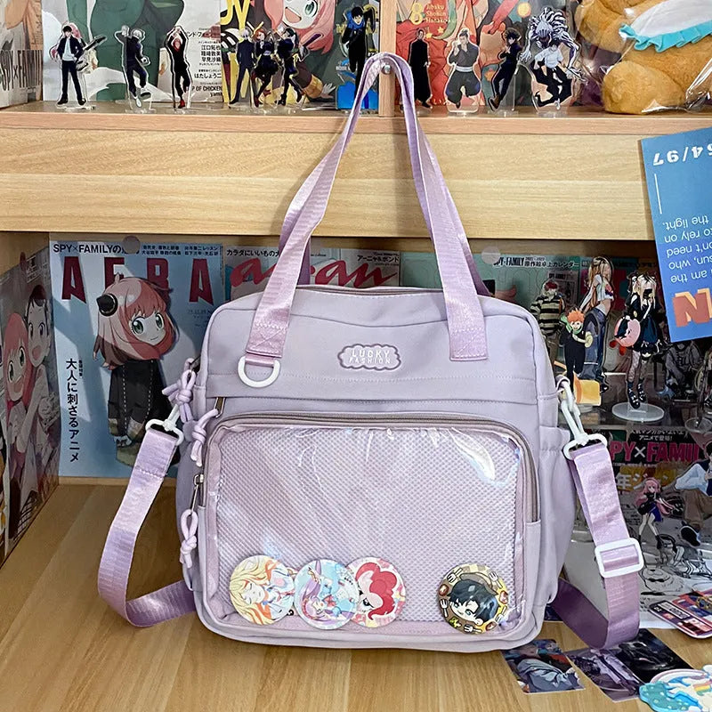 Large capacity nylon shoulder bag for women, 31 x 31 x 9cm, casual contrast colour design with lace-up detail.