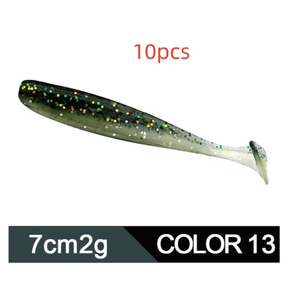 7cm soft worm fishing lure with two-tone T-tail in various colours for Mandarin fish and Topmouth Culter