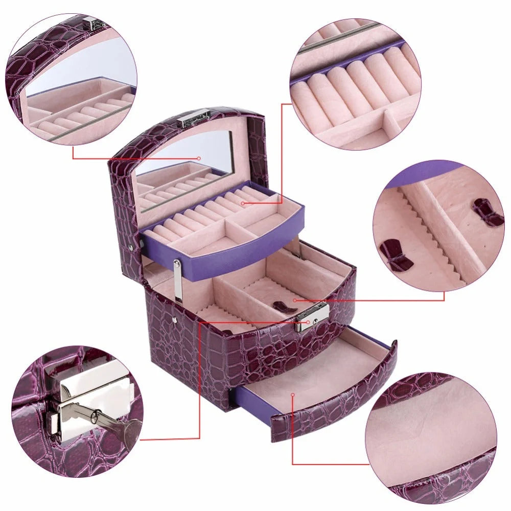 3-layer leather jewelry box with mirror for makeup and accessory organization