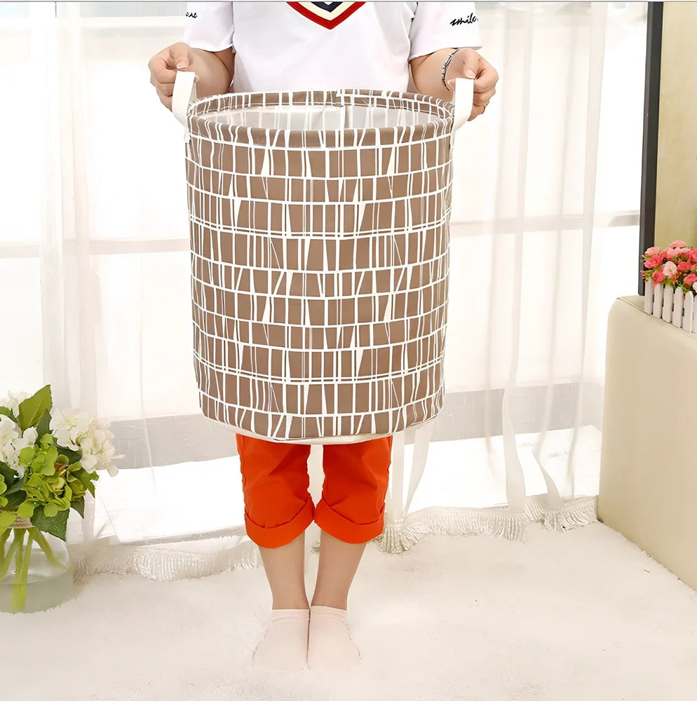 Foldable cotton-linen laundry basket with cartoon polar bear design, collapsed to show 8cm height