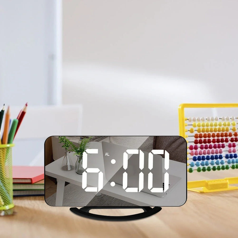 Digital Mirror Clock with LED display and dual USB ports in white and black options