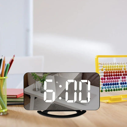 Digital Mirror Clock with LED display and dual USB ports in white and black options