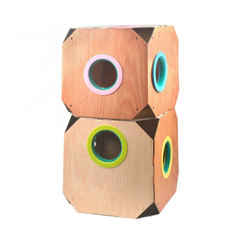 DIY multi-purpose cat hideaway box with cardboard construction and hair removal features