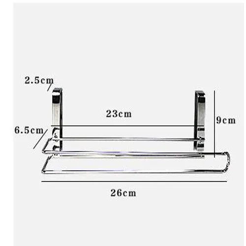 Silver stainless steel paper towel rack for hanging on the back of a kitchen cabinet door.