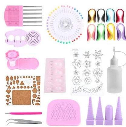 Paper craft kit showing gradient colour paper packs, paper winding disc, wave shaper, and tools in storage box