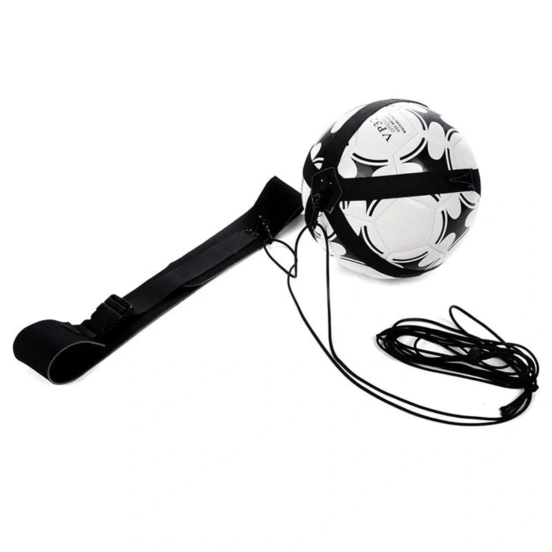 Adjustable soccer trainer with black nylon strap for shooting and ball control practice