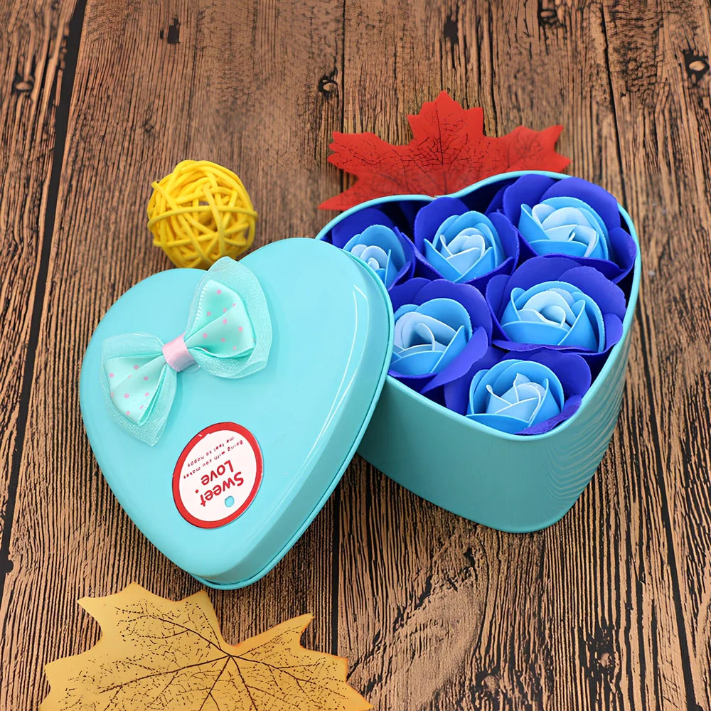 Handmade soap flower gift box in red heart-shaped tin with three blooms and bear, 12x12x5 cm for Valentine's Day