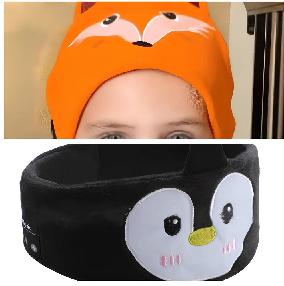 Bluetooth animal headband sleep mask with dinosaur hood showing integrated speakers and wireless design