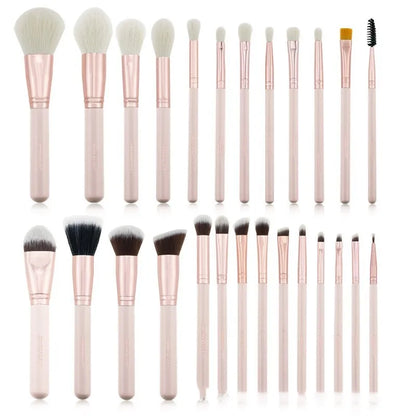 26 pink makeup brushes with wool bristles and wooden handles arranged in a PU zip bag.