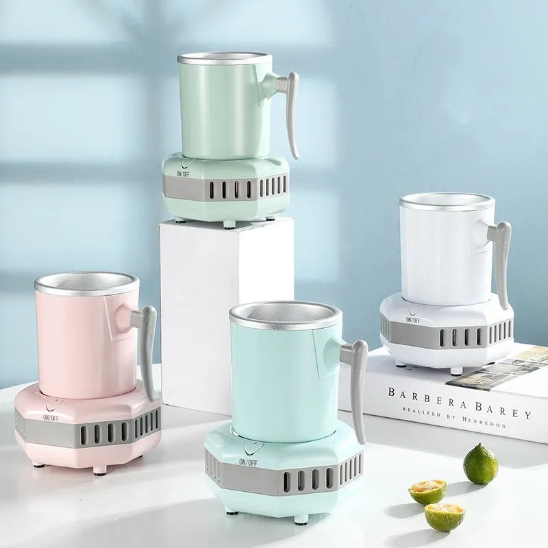 White quick refrigeration cup with aluminium drinking vessel on ABS base featuring one-button control