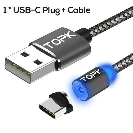 Magnetic fast charging cable with aluminium ends and three small magnetic plugs for iPhone, USB-C and Android.