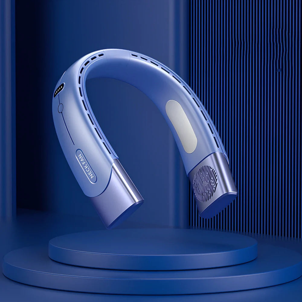 Blue hanging neck fan with digital display, 200x197x60mm USB model in ABS, 5 wind speeds for portable cooling