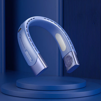 Blue hanging neck fan with digital display, 200x197x60mm USB model in ABS, 5 wind speeds for portable cooling