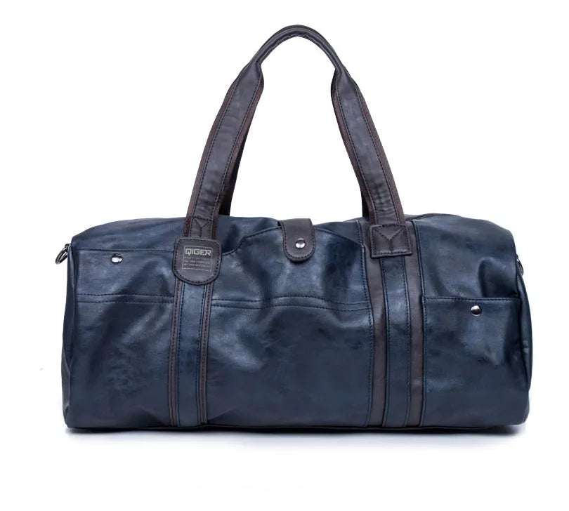 Portable Cylinder Leisure Travel Bag in blue, black, or brown with PU leather exterior