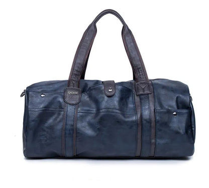 Portable Cylinder Leisure Travel Bag in blue, black, or brown with PU leather exterior