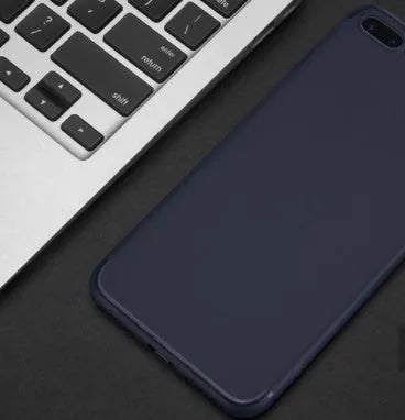 A flexible TPU silicone case for an iPhone, shown in a choice of black, blue, red, or white.