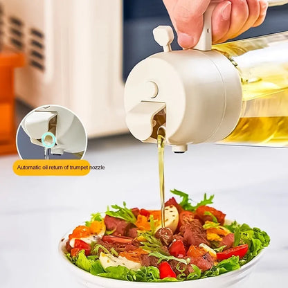 470ml glass olive oil sprayer and pour bottle with ergonomic handle in beige, yellow, green, and black colour options.
