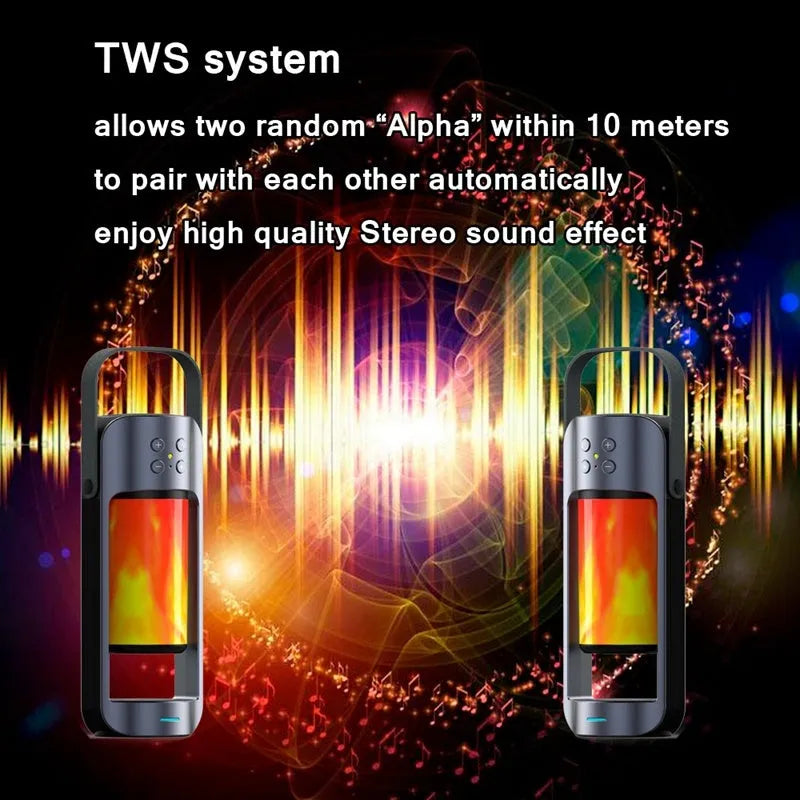 Blue portable Bluetooth speaker with dancing flame LED light and wireless charging pad