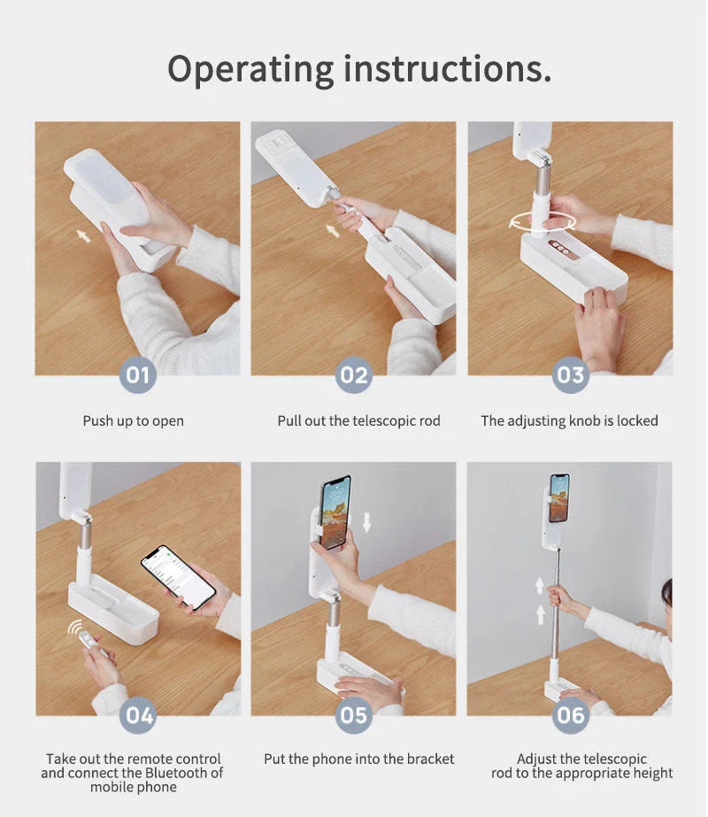 Premium adjustable selfie stick with Bluetooth remote control and built-in ring light for capturing professional-quality photos and videos