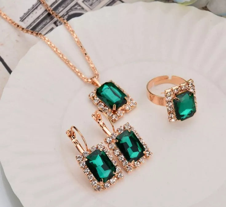Elegant alloy crystal jewelry set with necklace, earrings, and ring in various colors