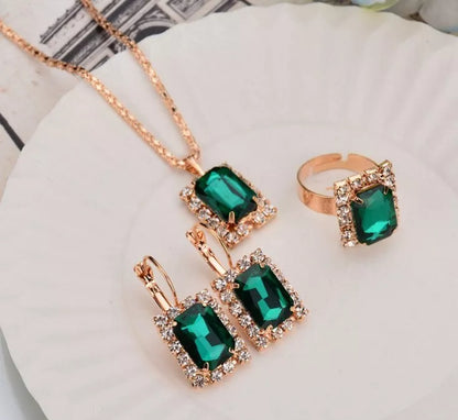 Elegant alloy crystal jewelry set with necklace, earrings, and ring in various colors