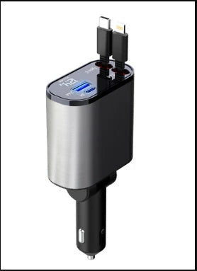 A sleek, metal 100W car charger with USB and Type-C ports for fast charging on the go