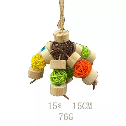 Natural wood nibbling toy for birds, available in small, medium, and large sizes
