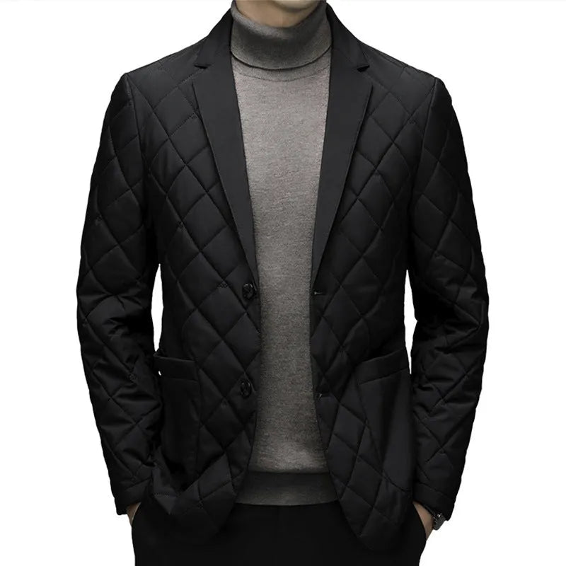Men's lapel down jacket in black, shrimp blue, or dark grey with side seam pockets for winter wear
