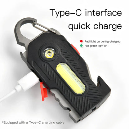 Multifunctional emergency light showing aluminium construction, tools, and 400LM COB lighting