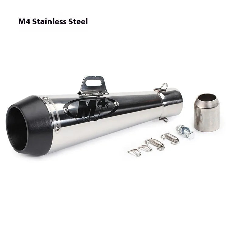 Universal M4 motorcycle exhaust pipe in various finishes including black, titanium, and half blue with back pressure options