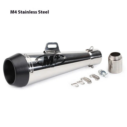 Universal M4 motorcycle exhaust pipe in various finishes including black, titanium, and half blue with back pressure options