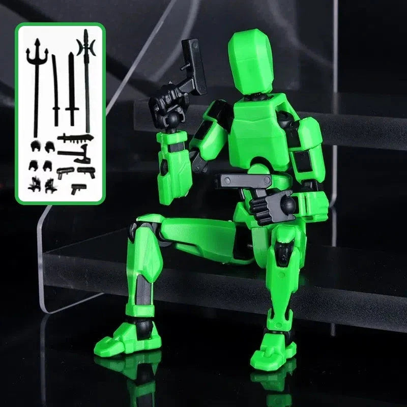 Highly posable 3D printed robot mannequin toy with interchangeable accessories, including wings and weapons