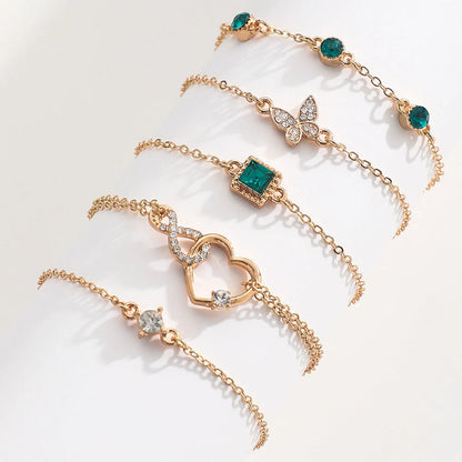 Elegant 5-piece green crystal bracelet set with unique bohemian-inspired design and premium alloy construction