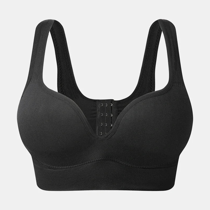 Comfortable back button up sports bra with wide straps in white, black, and apricot