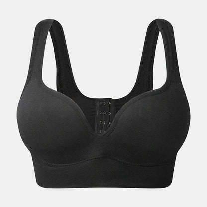 Comfortable back button up sports bra with wide straps in white, black, and apricot
