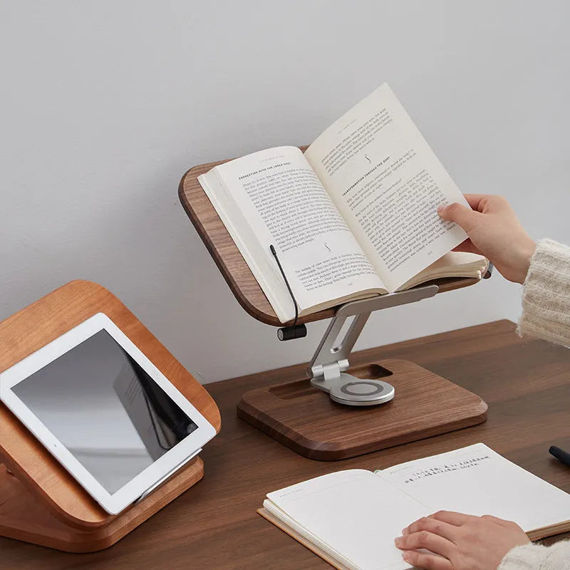 Black walnut solid wood reading rack with adjustable angle on rotating base