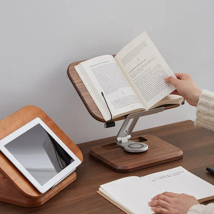 Black walnut solid wood reading rack with adjustable angle on rotating base
