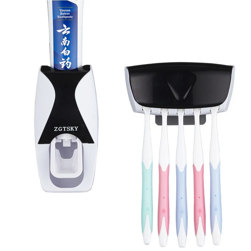 Automatic toothpaste squeezer and toothbrush holder set in durable plastic