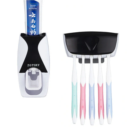 Automatic toothpaste squeezer and toothbrush holder set in durable plastic