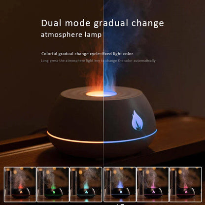Aromatherapy diffuser with realistic flame-like lighting, color-changing mood lights, and essential oil diffusion capabilities