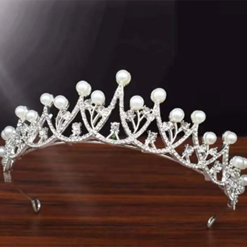 Silver pearl bridal tiara crown with white crystal, adult and children sizes, alloy electroplated